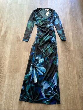 hutch maude blue & black watercolor floral mesh long sleeve maxi dress small NEW